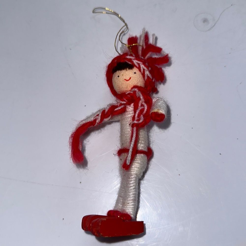 Vintage bendable red & white‎ yarn skater figure Christmas tree ornament